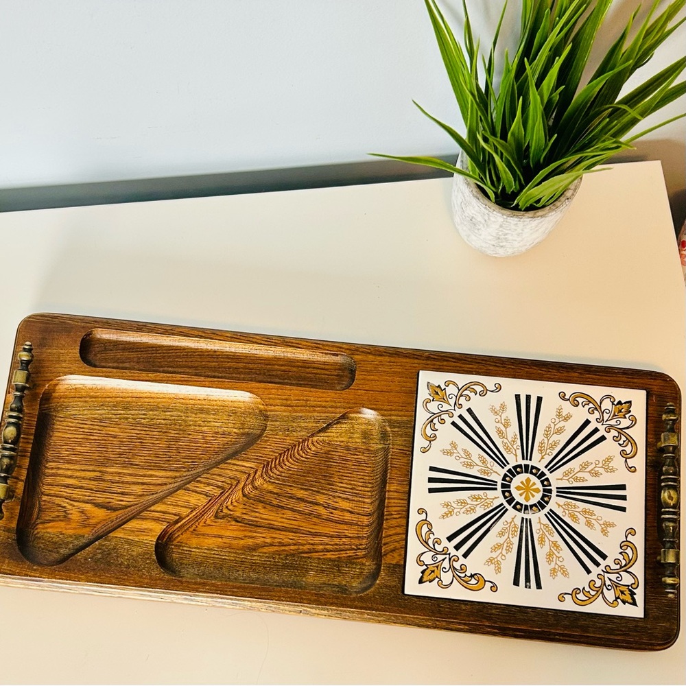 MCM Wood Snack Tray w Starburst Tile Japan Barware Serving Tray